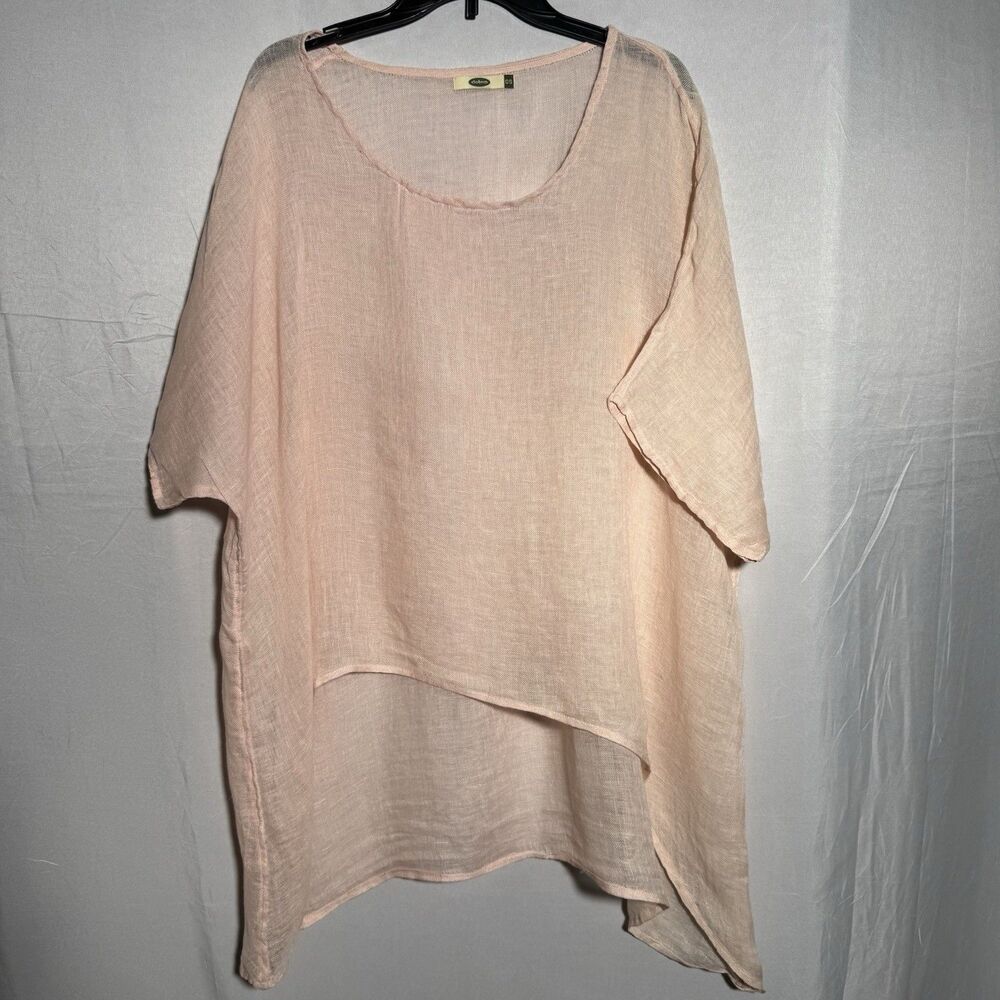Dolma Linen Tunic Top Peach Asymmetrical Hem Sheer Lightweight OS Boho Summer
